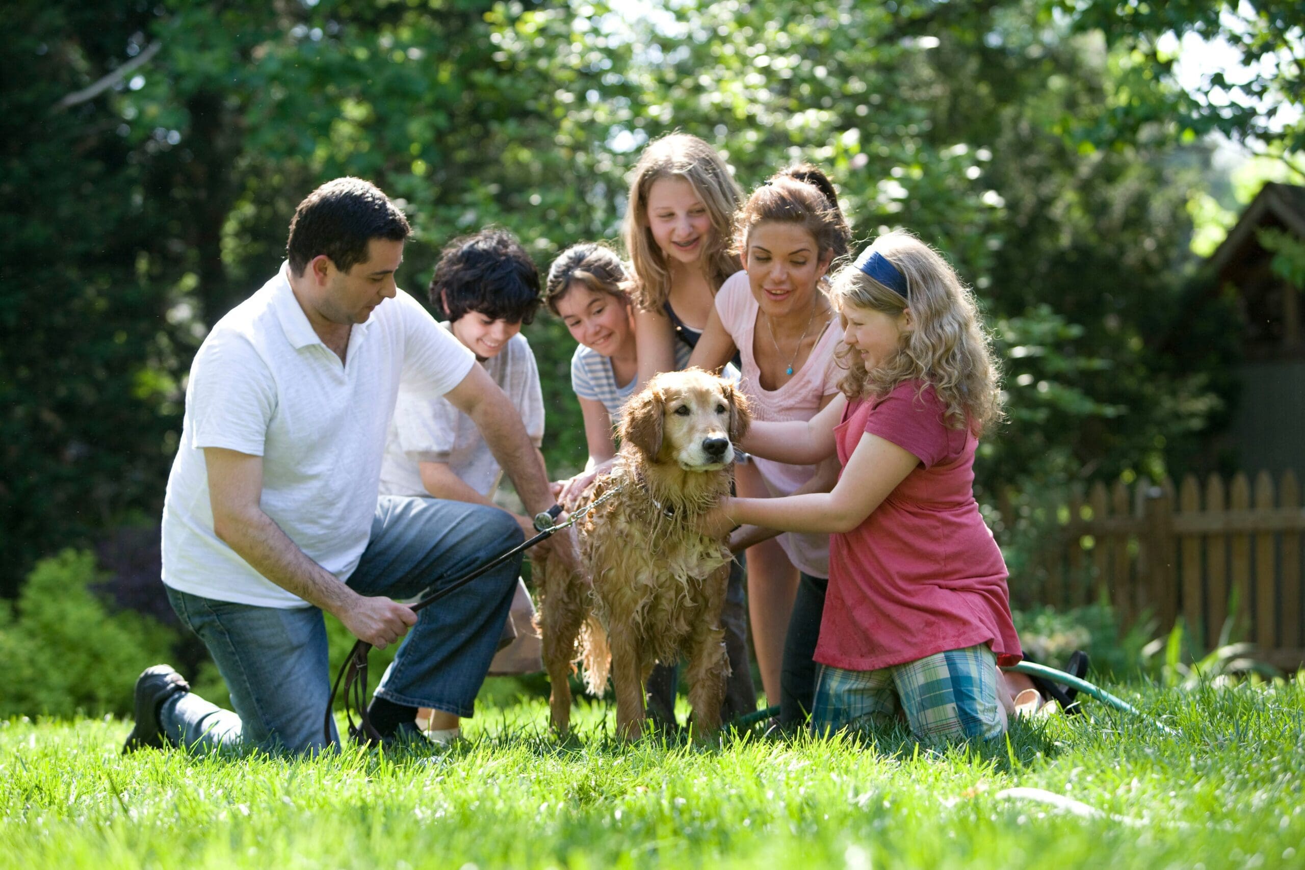 A joyful family gathered around their beloved dog in the backyard, showcasing the love and unity that forms the foundation of family life.