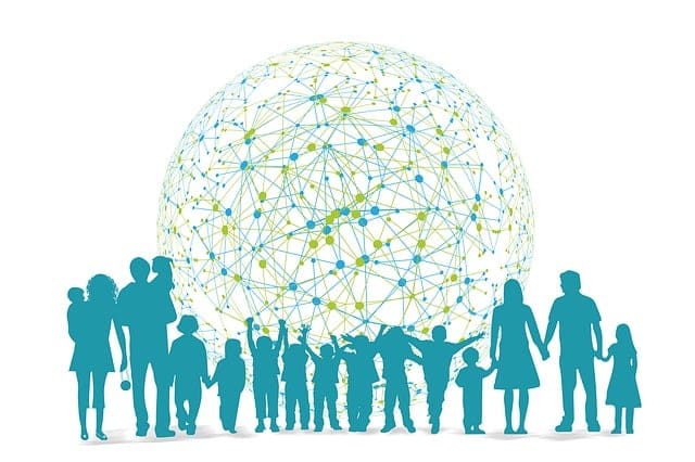 Illustration of diverse families standing united in front of a spherical geometric object